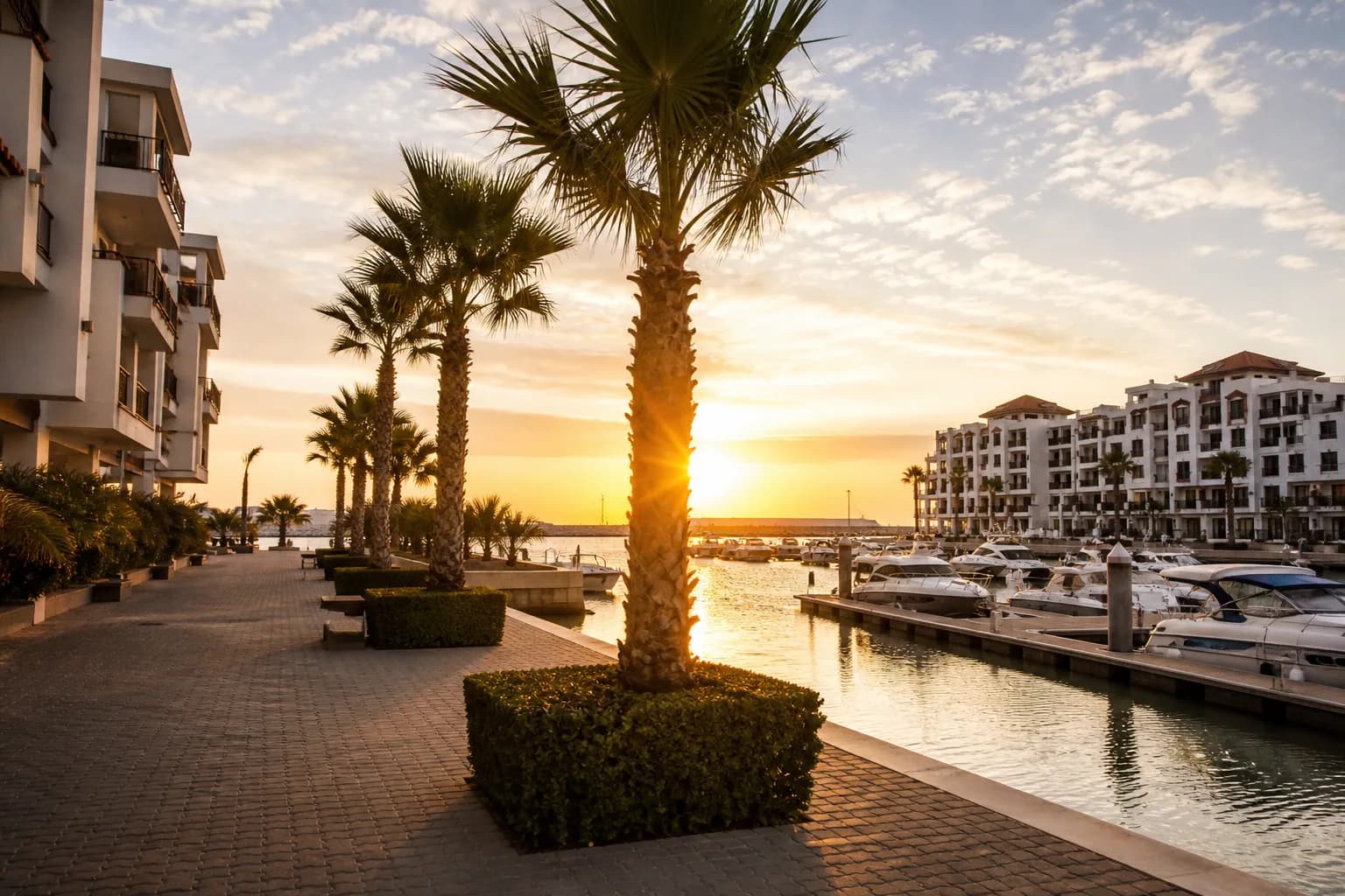 Agadir marina promenade at sunset with ocean views