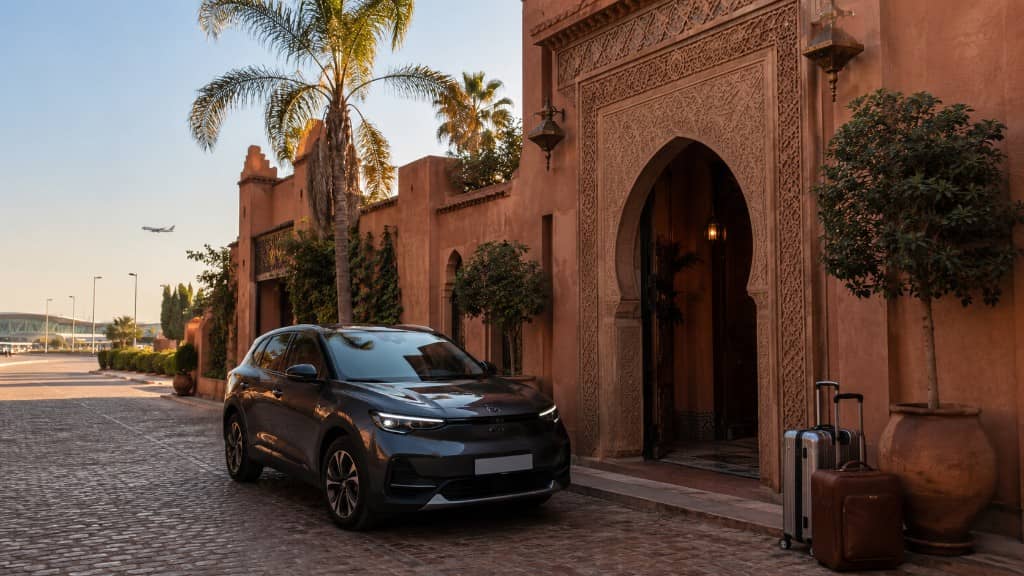 Mietwagen vor einem Riad in Marrakesch, mit Flughafen im Hintergrund