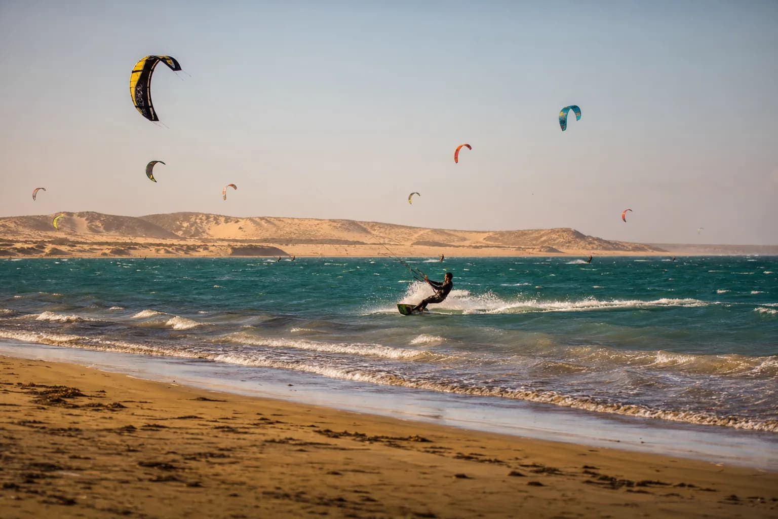 Kitesurfing on Essaouira’s main beach facing the Atlantic