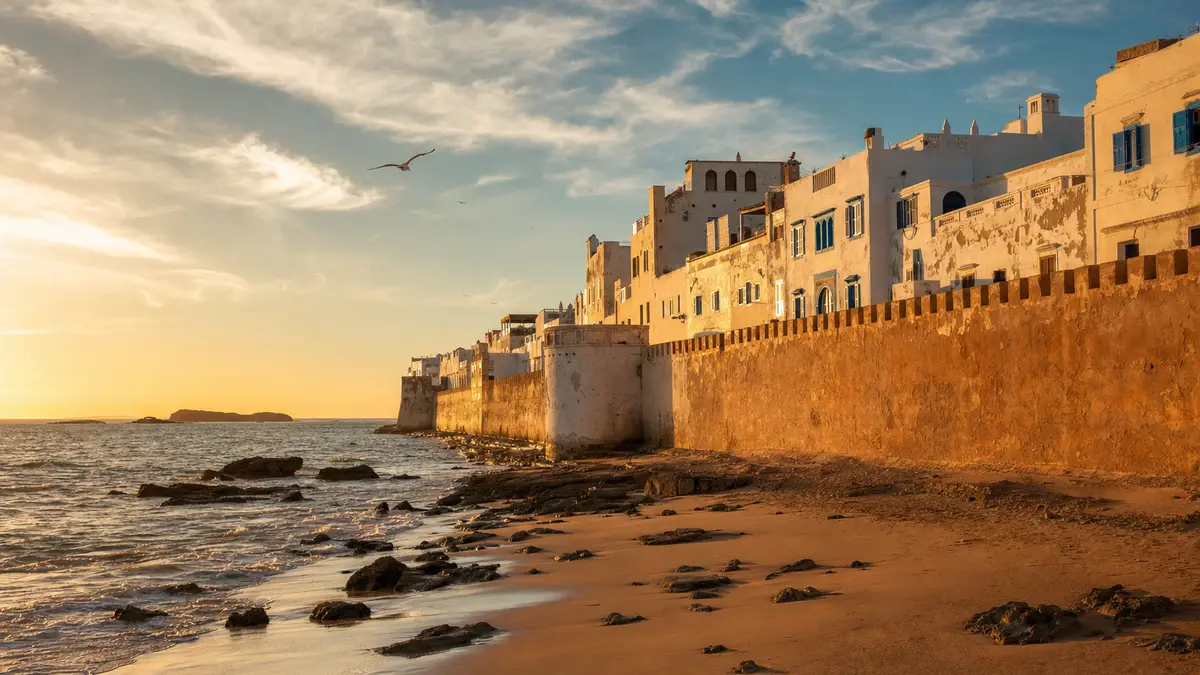 Essaouira ramparts and medina at sunset facing the Atlantic Ocean