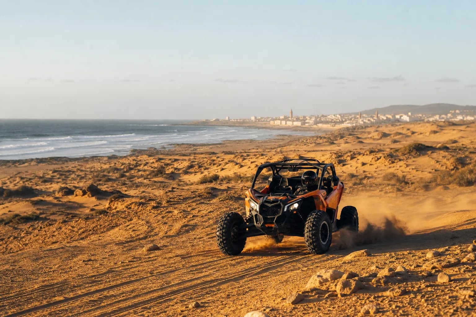 Off-road buggy on coastal dunes near Essaouira